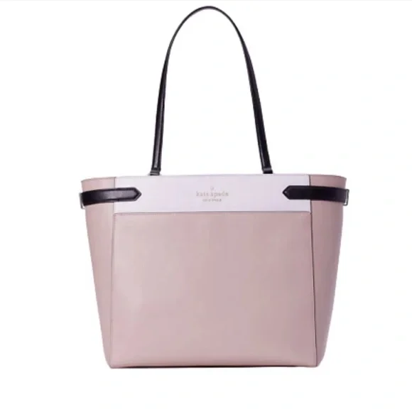 Kate Spade Saffiano Leather Colorblock Staci Laptop Large Tote Warm Beige $450 - Picture 1 of 16